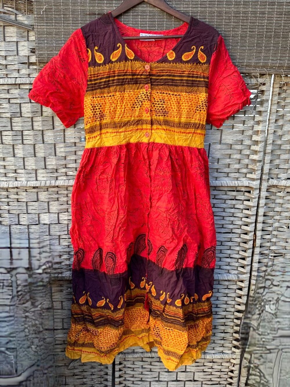 Vintage Phases Red Orange Boho Midi Crinkle Dress 100% Cotton Made India Lehenga